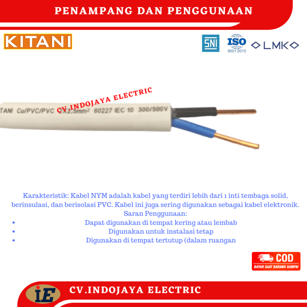 Kabel listrik Kitani NYM 2X1,5 panjang 15 meter Kabel listrik tembaga
