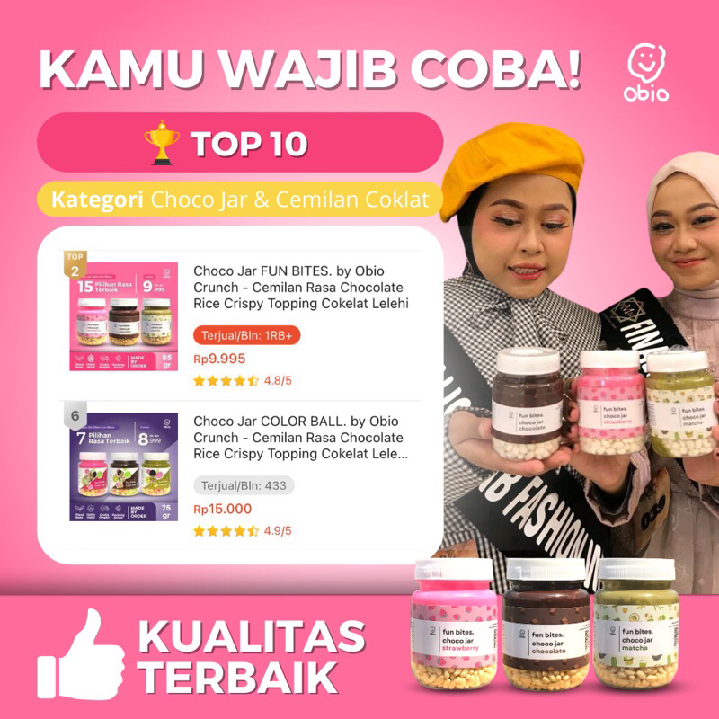 Choco Jar FUN BITES. by Obio Crunch - Cemilan Rasa Chocolate Rice Crispy Topping Cokelat Lelehi