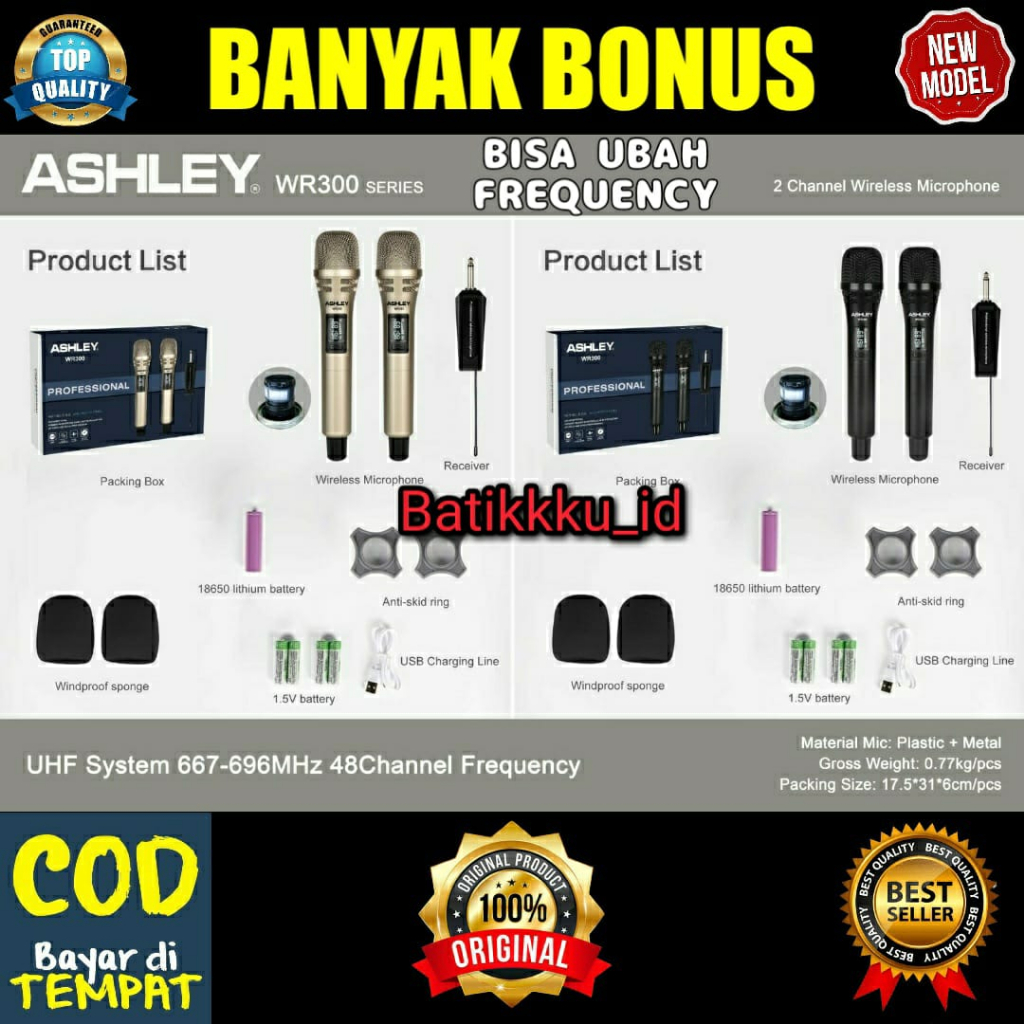 Mic Wireless ASHLEY WR 300 WR300 ORIGINAL 2 MIC FREE RING + BUSA