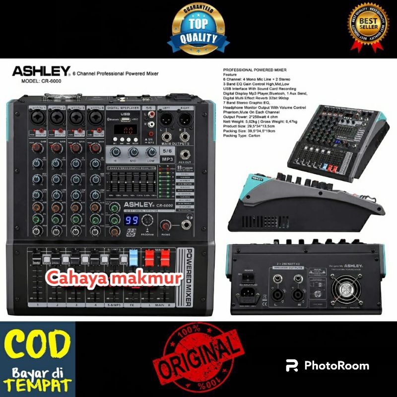 POWER MIXER ASHLEY CR-6000 6 CHANNEL CR6000 6channel: 4 mono mic line+2 stereo 3 band EQ gain contro