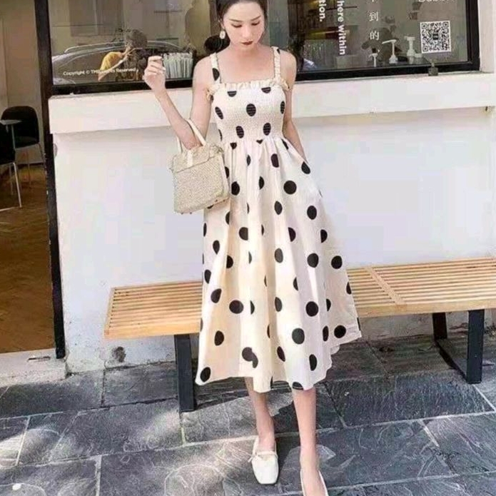 1570 Baju minidress SMOCKED FLARE lekbong tanpa lengan POLKADOT dres Korea Korean style wanita impor