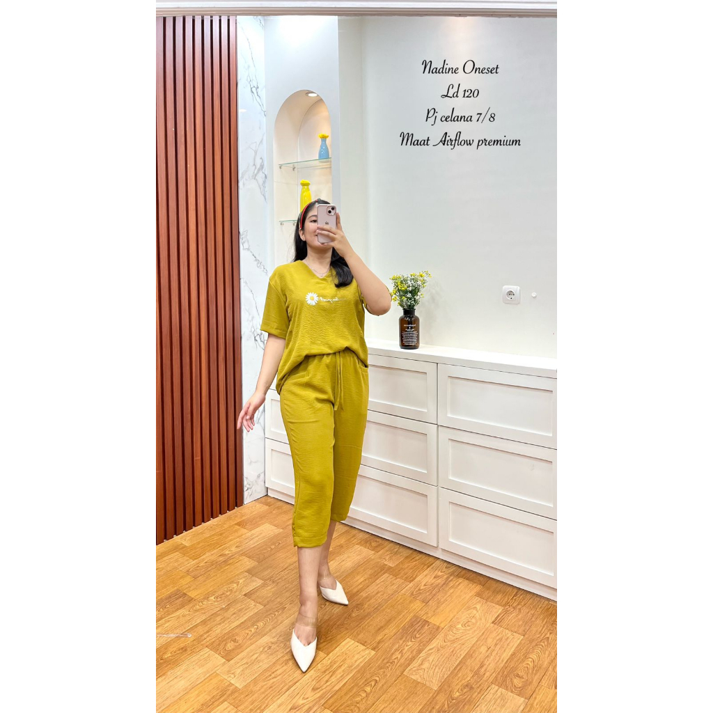 One set NADINE annisa fashion setelan wanita cringkle airflow sablon bunga dan love terbaru