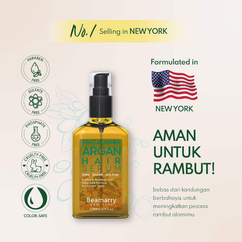 Beamarry Newyork | 2in1 Hair Serum Tonic Macadamia Argan Smooth 110ml | Untuk Rambut Mengembang, Ikal, Tebal Tidak Merata, Susah Diatur, dan Kusam