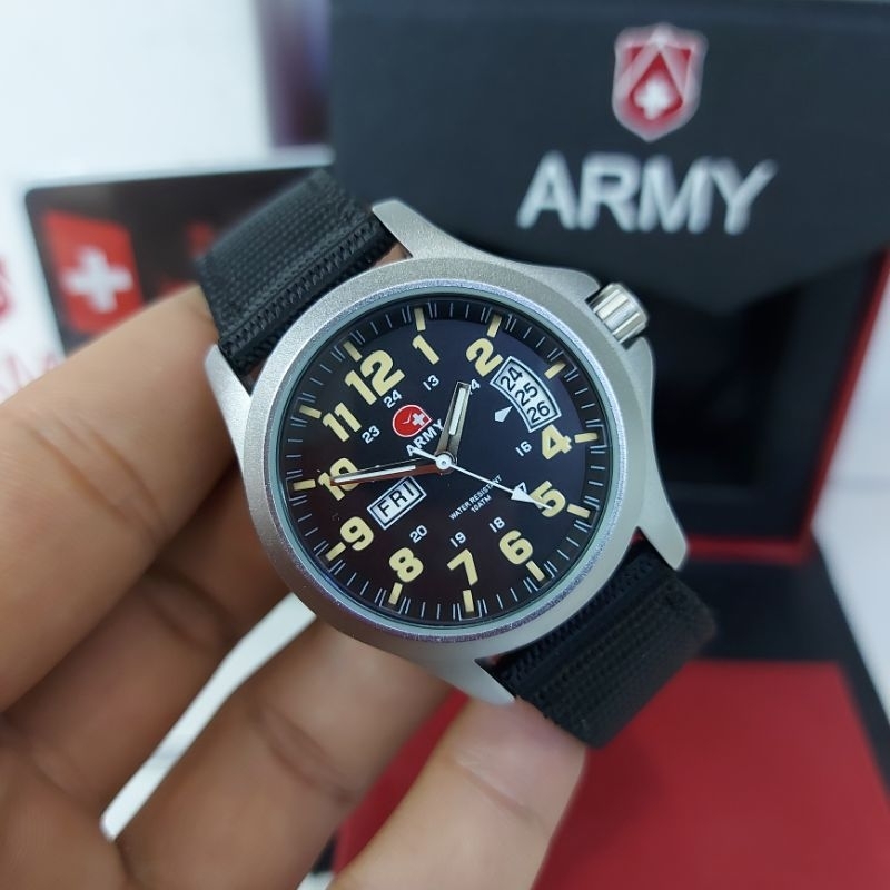 Jam Tangan Analog Wanita Swis Armi AM7835 Black Yellow Tali Kanvas Miyota Japan