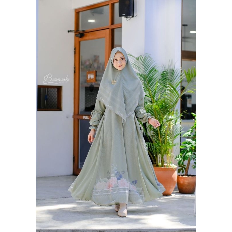 Gamis set khimar ceruty babydoll FAIZA ORI BERMERKS MOTIF NAJWA SAFIRA NAURA KANIA STARLA RIANTI syari terbaru Ceruti ultimate