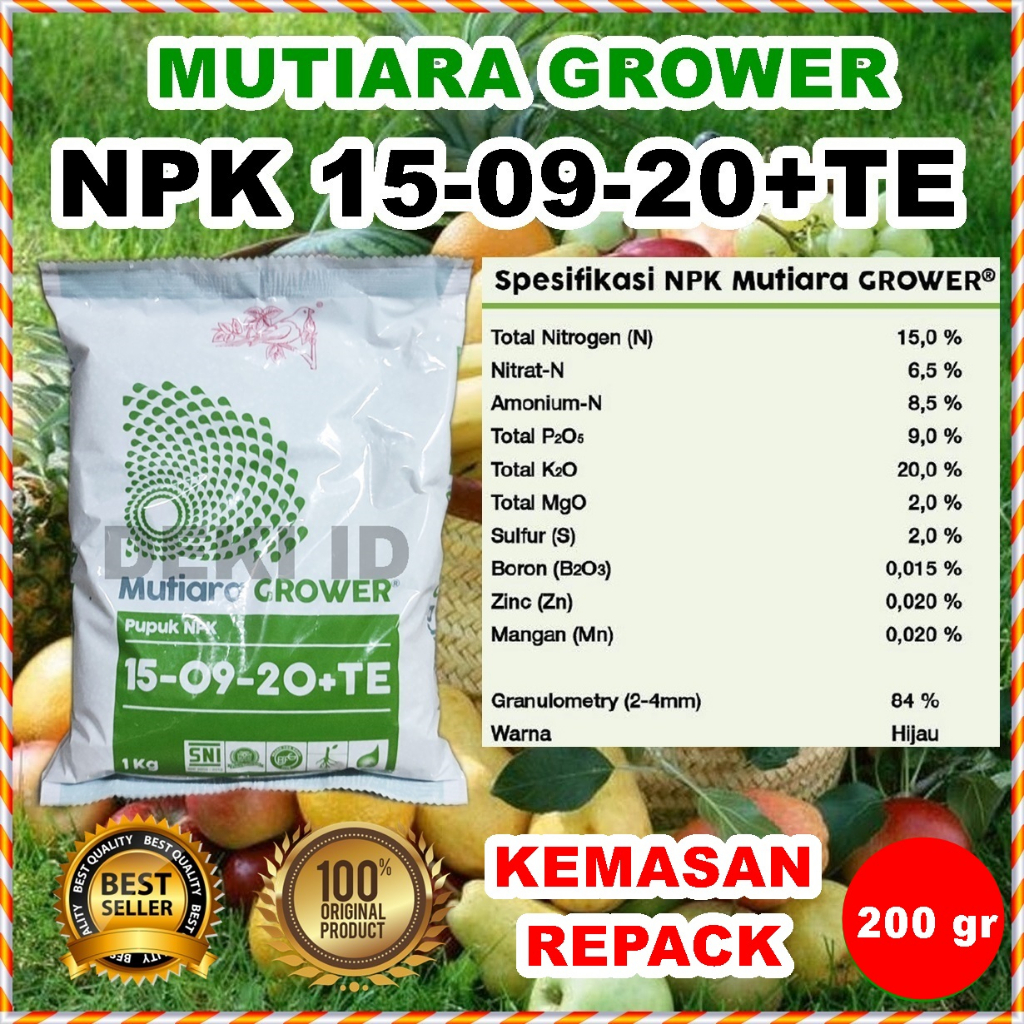 Pupuk NPK Grower 200 Gram Repack 15 09 20 TE Mutiara Meroke Nutrisi Pertumbuhan Daun Bunga Buah Tana