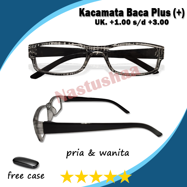 Kacamata Baca Full Plus (+) Terdapat Motif Garis Dibagian Frame Gagang Hitam Tersedia Ukuran +1.00 s/d +3.00 Bentuk Frame Persegi Panjang FREE CASE