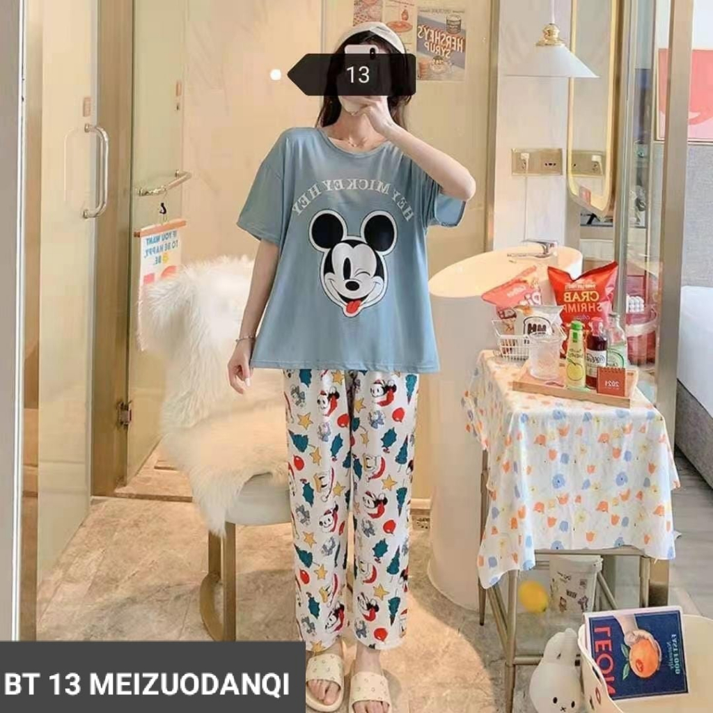 BEE - Baju Tidur Piyama Set Lengan Pendek Celana Panjang Import Premium