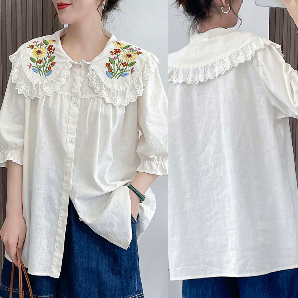BLUS KATUN PUTIH IVORY OVERSIZED KERAH LEBAR BORDIR BUNGA & RENDA KORE