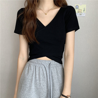 GO!BJ1147 Baju Atasan Kaos CropTop Lengan Pendek Model Leher V Neck Wanita Kekinian Fashion korean