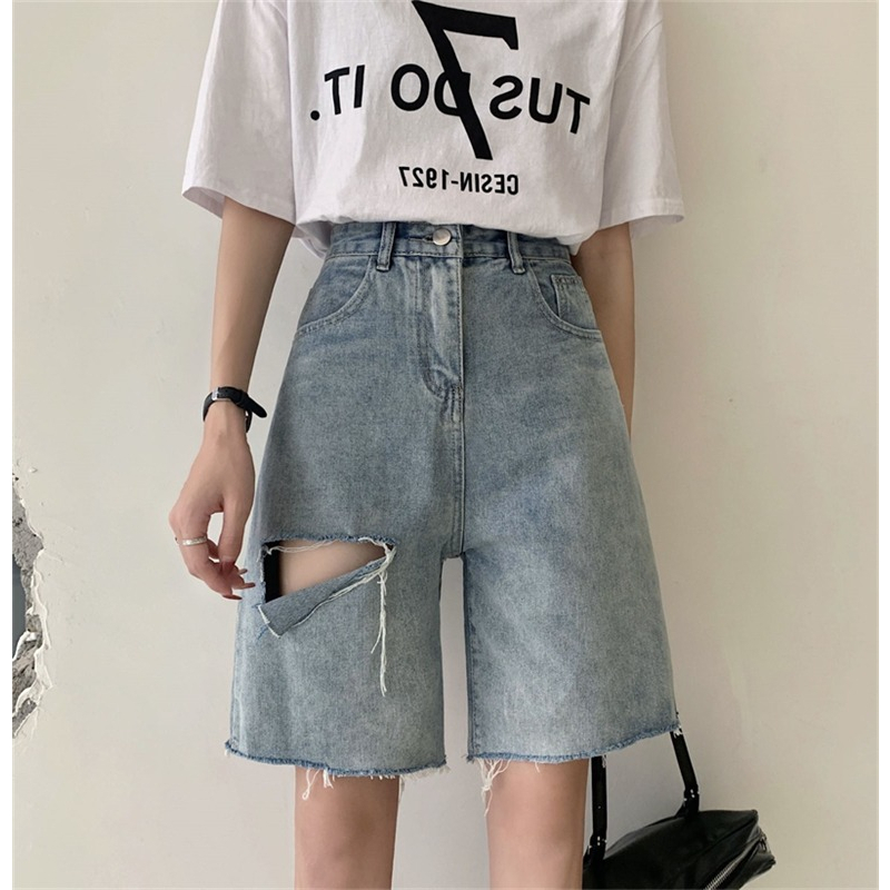 Biru Highwaist Robek Celana Pendek Jeans Wanita Korean Kekinian