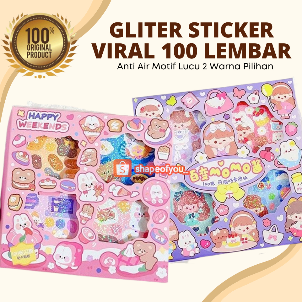 Sticker Waterproof Sticker Momo Glitter Dapat Box Isi 100 Lembar