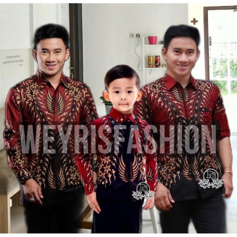 TERBARU Couple Sweet | Kids Batik Couple Baju Kemeja Hem Couple Ayah dan Anak Laki-laki | Batik Pria Bernekel Merah