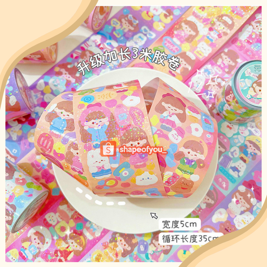 Sticker Momo Roll Tape Glitter Viral Motif Koreaa Kartun Panjang 35cm Waterproof Premium