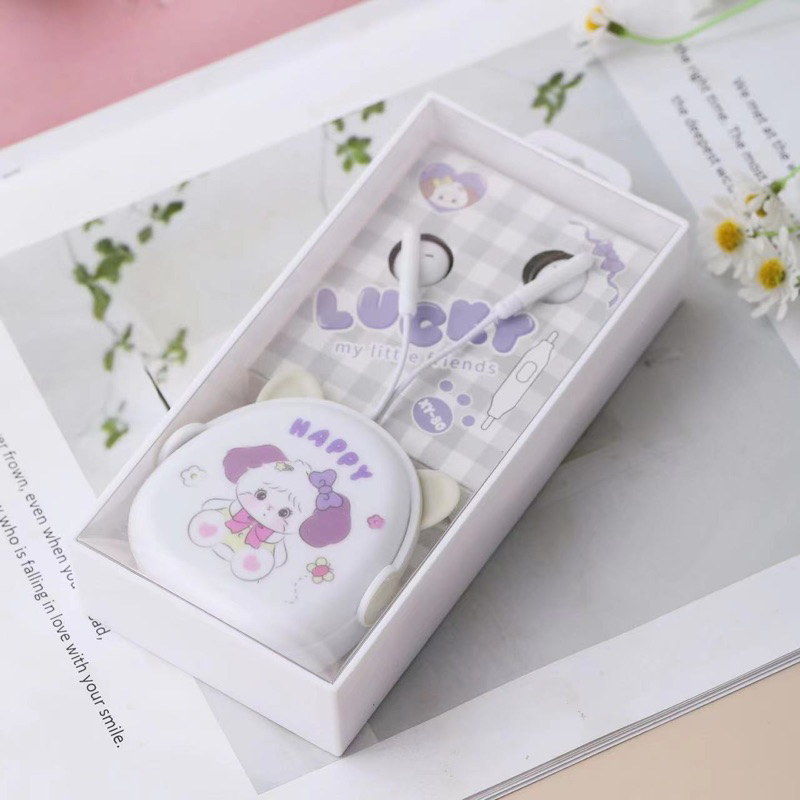 [ XY 80 ] Set Headset Earphone karakter l Lucky Happy/ + Wadah Earphone Motif