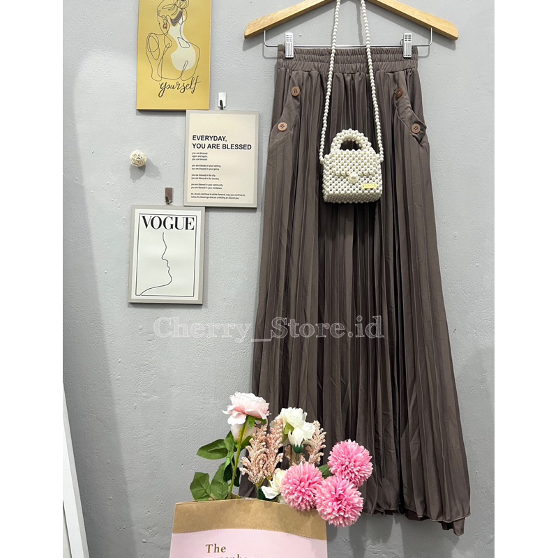 Cherry_KD03 Rok plisket pocket wanita / rok panjang wanita / rok wanita korean style