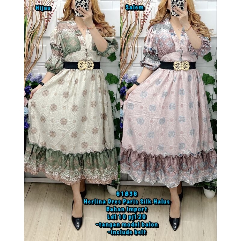 61836 Herlina Dres Paris Silk Halus  Bahan Import