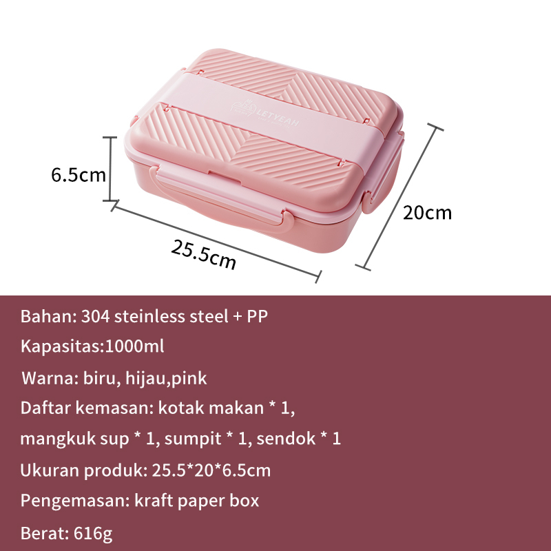 Letyeah &amp; Kaizenliving Lunch Box Kotak Makan 4 Sekat Stainless Tahan Panas Tempat Makan Food Grade Free Sendok