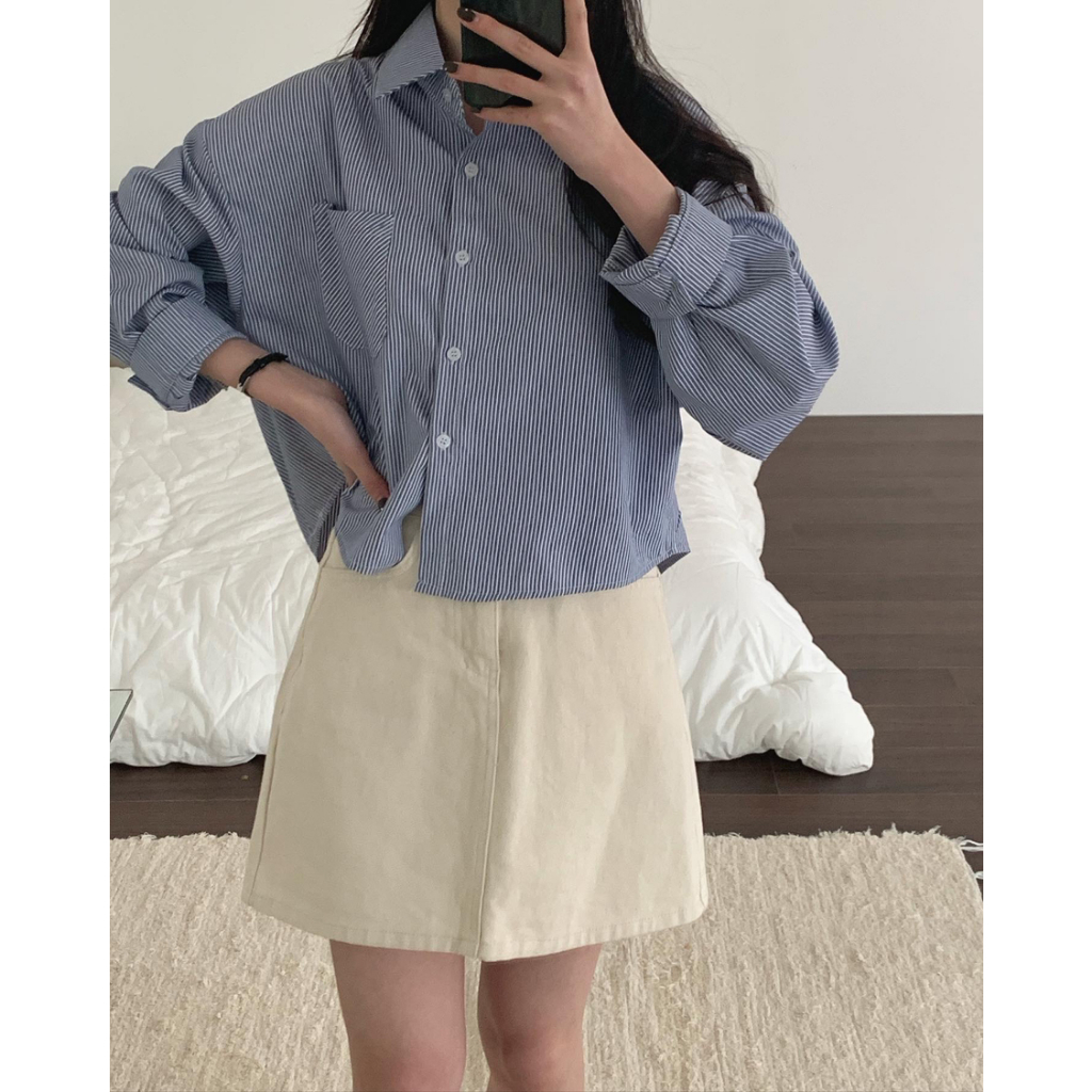 [2 Warna] Korean Style  Blouse Kemeja Atasan Wanita Biru Lengan Panjang Shirt Baju Wanita