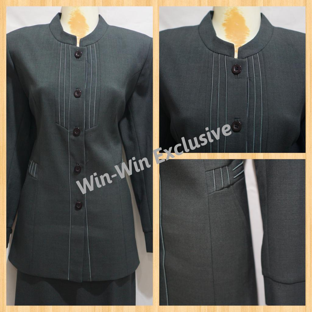 Win Win - Set Blazer Kantor Wanita PNS Warna Abu Tua dengan Model Kerah Shanghai