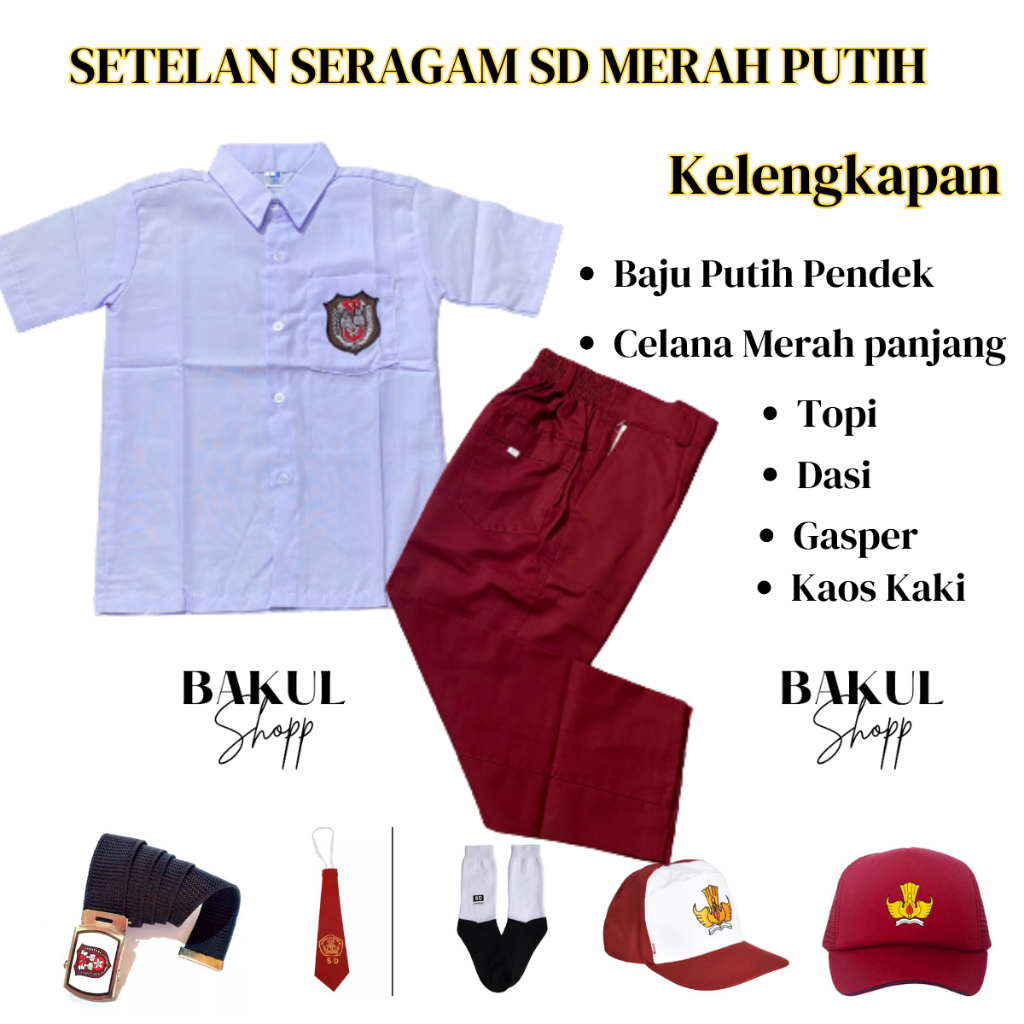 setelan seragam sekolah lengkap sd merah putih anak laki laki lengan pendek baju celana panjang