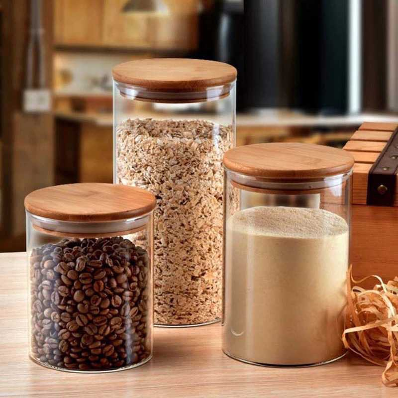 Toples Tutup Kayu 3 Set Kaca / Tempat Cemilan Dan Bumbu Kaca