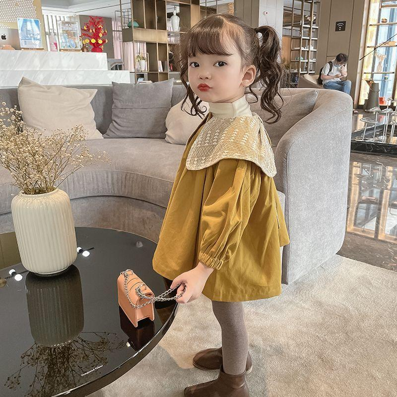 KFCAT Dress Gaun Blouse Rok Lengan Panjang Anak Perempuan Katun Full Kancing Renda-Neck Korean Style