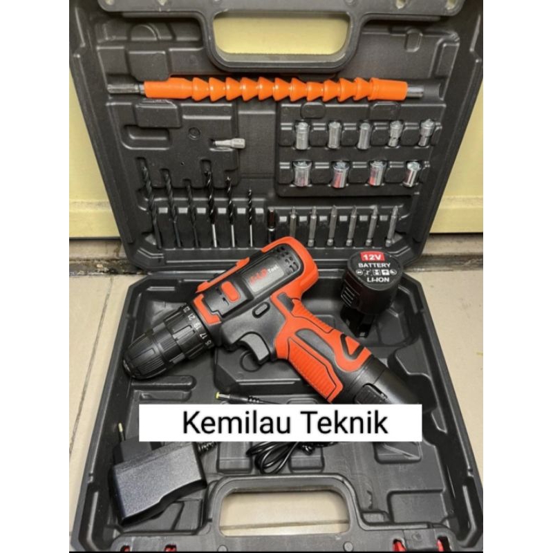 Mesin Bor Baterai Set Cordless Drill Driver JLD TOOLS 12V + Include Tool Kit Besi Kayu 12 Volt J.LD 