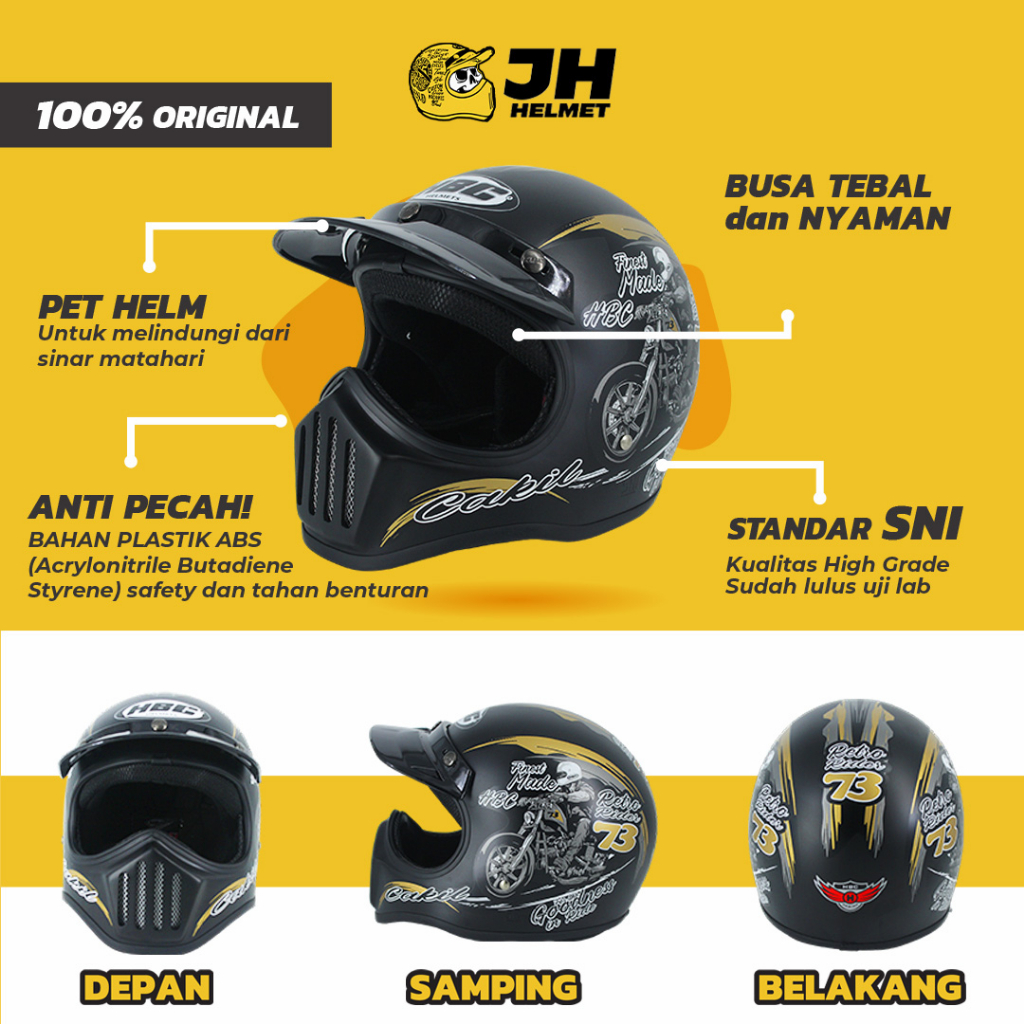 Helm Cakil HBC 73 Black Doff + FREE GOGGLE | Retro Full Face | JUAL HELM