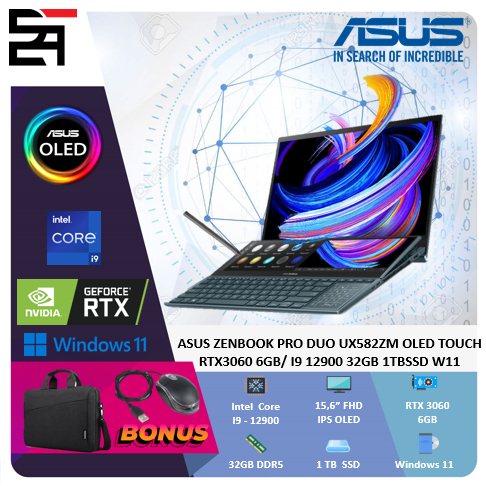 Asus Zenbook Pro Duo UX582ZM OLED Touchscreen RTX3060 6GB/ I9 12900 32GB 1TBSSD Windows 11 15.6 Full HD IPS