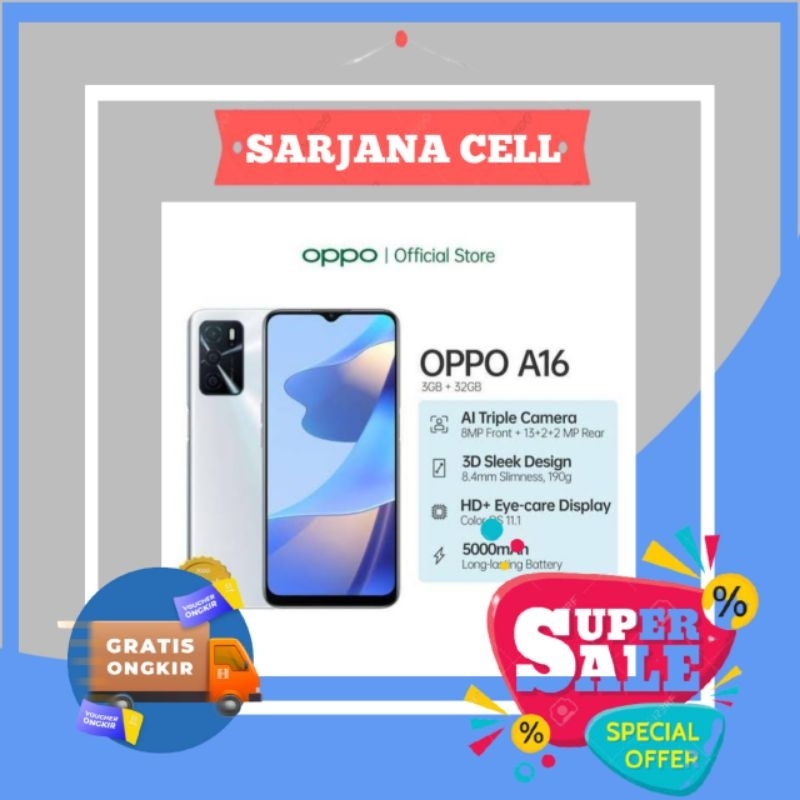 OPPO A16 RAM 4/64 GARANSI RESMI OPPO STORE 1 TAHUN ORIGINAL 100% [13MP TRIPEL CAMWRA HD+, EYE CARE D