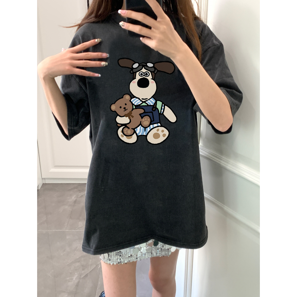 EUNII T-shirt Lengan Pendek Black Washed Cartoon Snoopy Printing Korean Style/Kaos Atasan Wanita/Baju Wanita/Kaos Wanita