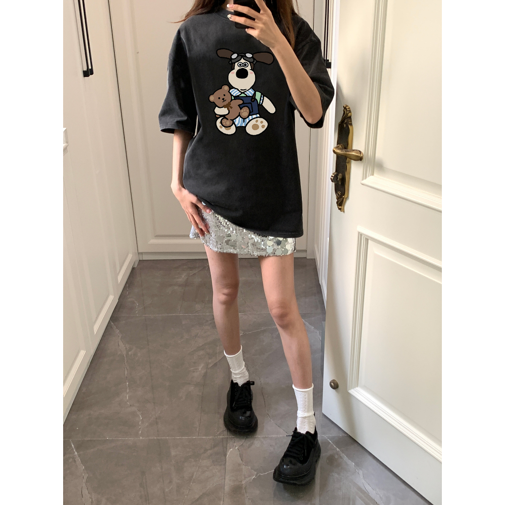 EUNII T-shirt Lengan Pendek Black Washed Cartoon Snoopy Printing Korean Style/Kaos Atasan Wanita/Baju Wanita/Kaos Wanita