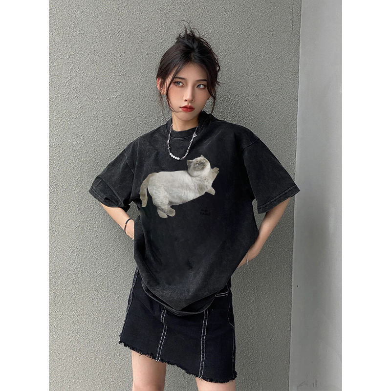 EUNII T-shirt Lengan Pendek Black Washed Cartoon Lazy Cat Printing Korean Style/Kaos Atasan Wanita/Baju Wanita/Kaos Wanita