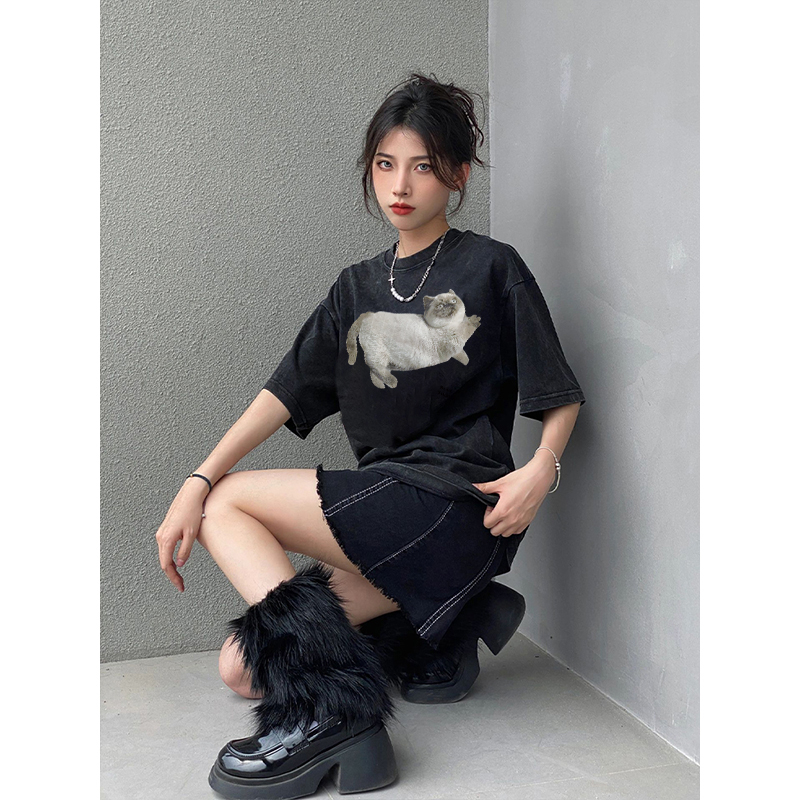 EUNII T-shirt Lengan Pendek Black Washed Cartoon Lazy Cat Printing Korean Style/Kaos Atasan Wanita/Baju Wanita/Kaos Wanita