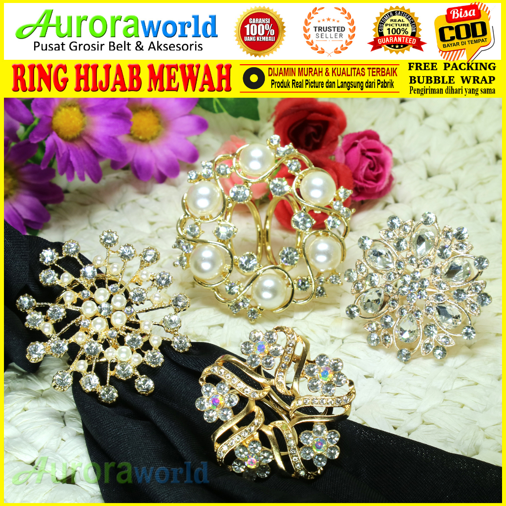 Auroraworld Ring kerudung hijab bros ring syal permata Ring Pashmina Berlian mutiara Mewah bros cincin kerudung scarf fashion terbaru bisa COD 4B