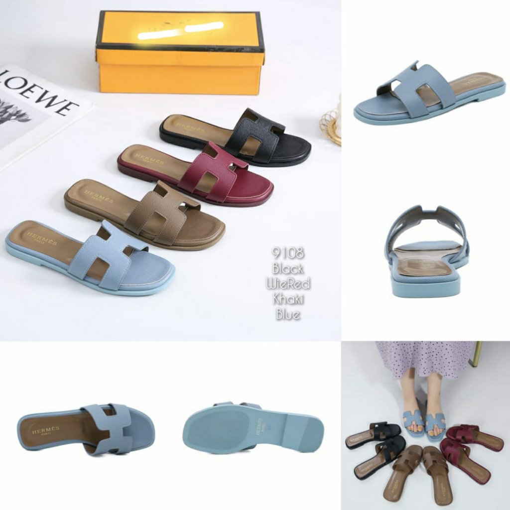 Sandal slop Flat wanita Logo H kulit kode 9108