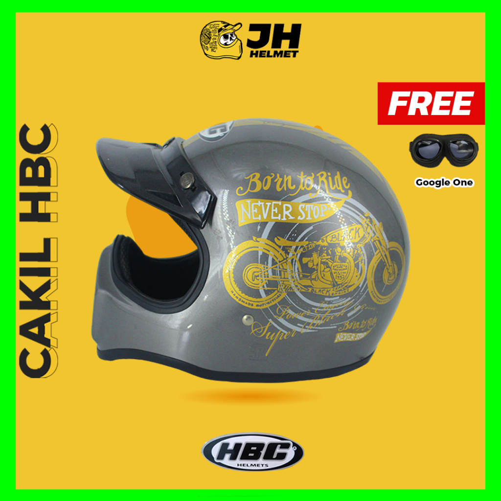 Helm Cakil HBC Born To Ride Grey Glossy + FREE GOGGLE | Retro Full Face | JUAL HELM