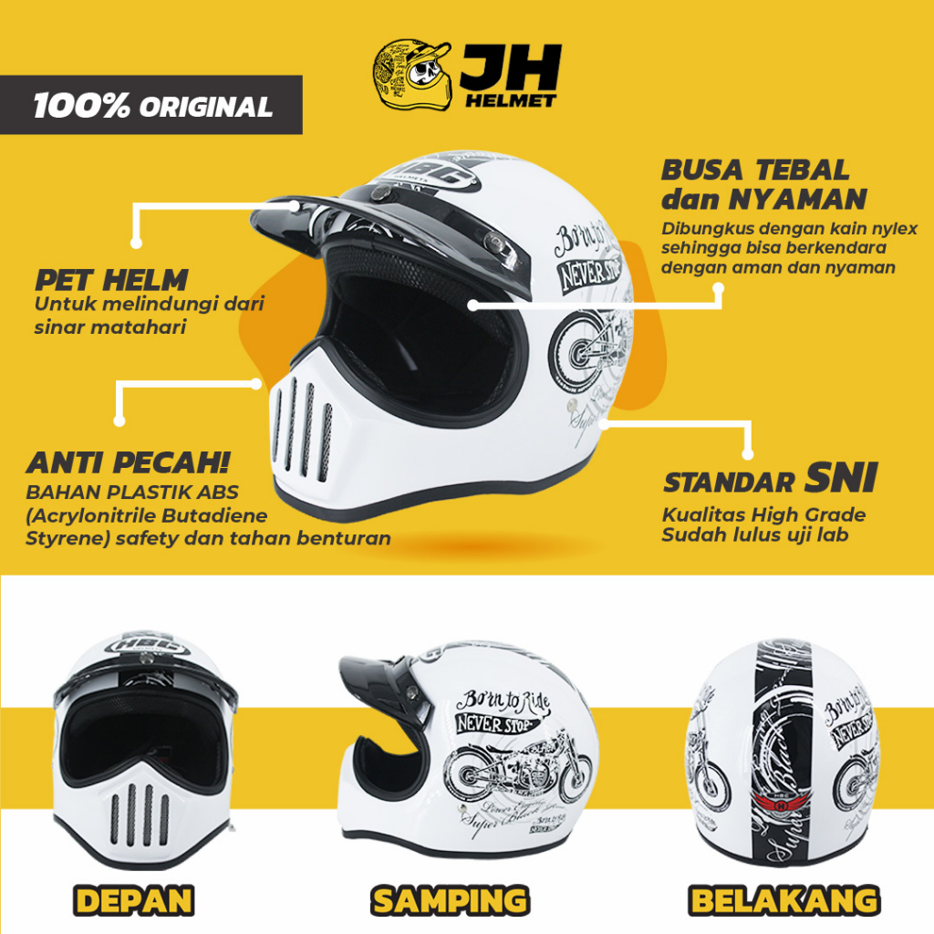 Helm Cakil HBC Born To Ride White + FREE GOGGLE | Retro Full Face | JUAL HELM