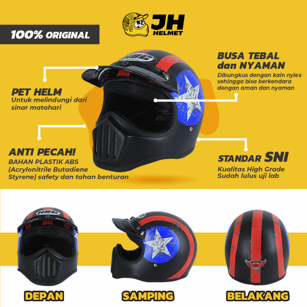 Helm Cakil HBC Captain America Black Doff + FREE GOGGLE | Retro Full Face | JUAL HELM