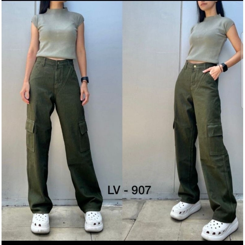 Highwaist Loose Jeans Cargo Green Army