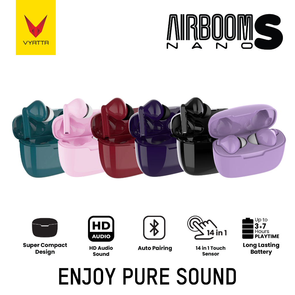 VYATTA AIRBOOM NANO S TWS BLUETOOTH HEADSET EARPHONE SUPER SLIM UP TO 10 HOURS 14 IN 1 SMART FUNCTIO