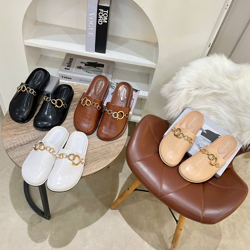 Leather slippers chain by CK import high quality fashion shoes sandal wanita kantor kerja casual dai