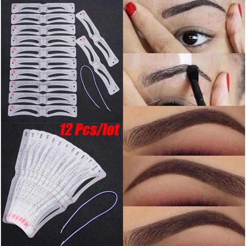 PAKET IBCCCNDC EYEBROW STAMP + TALI CETAKAN ALIS 12 PCS Instan Bedak Alis Eyebrow Powder Eyebrow Stamp Alis Stempel Alis Waterproof dengan 10 Model Cetakan Alis