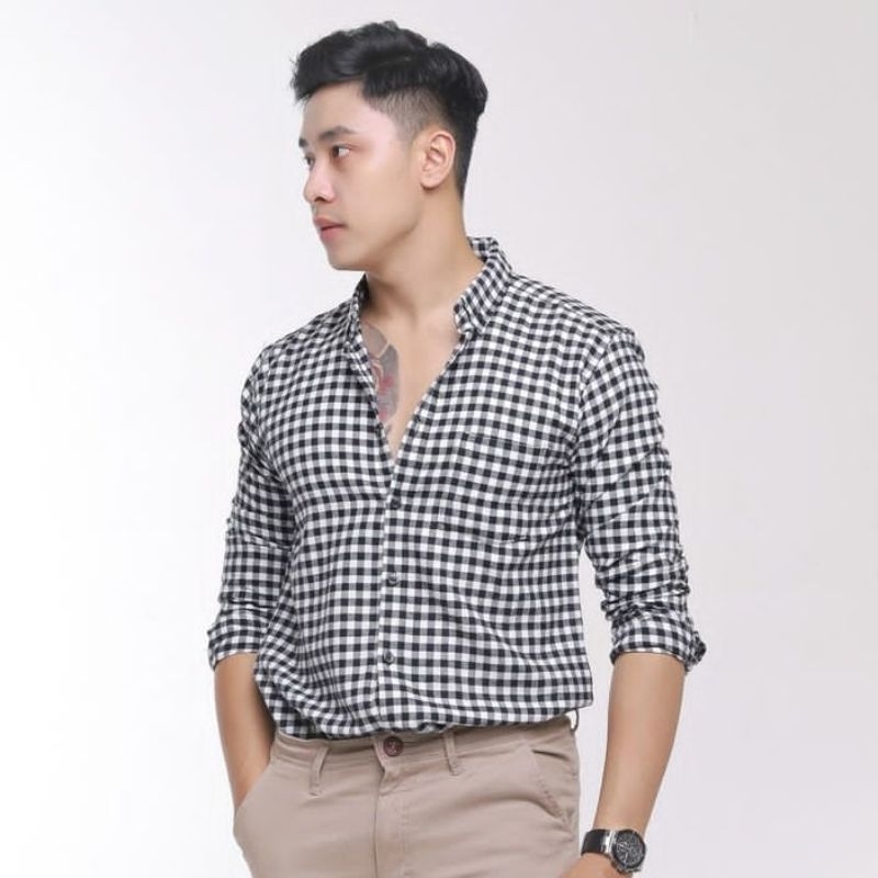 Baju Kemeja Flanel Pria Kotak Hitam Putih Lengan Panjang