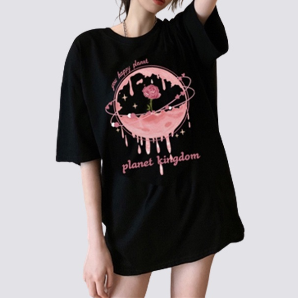 XIAOZHAINV Kaos Atasan Wanita Rose Planet Pattern Lengan Pendek A0408