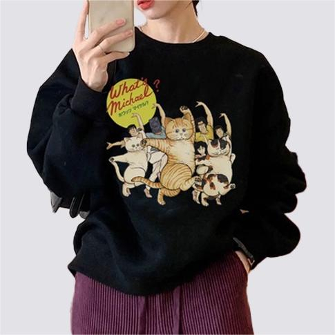 XiaoZhaiNv Korean Style Dancing Cat Pattern Lengan Panjang Baju Sweater Wanita