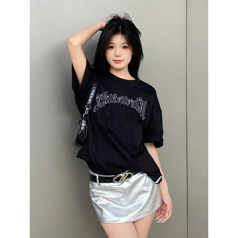 EUNII T-shirt Lengan Pendek Vintage Putih English Design Painting Printing Korean Style/Kaos Atasan Wanita/Baju Wanita/Kaos Wanita