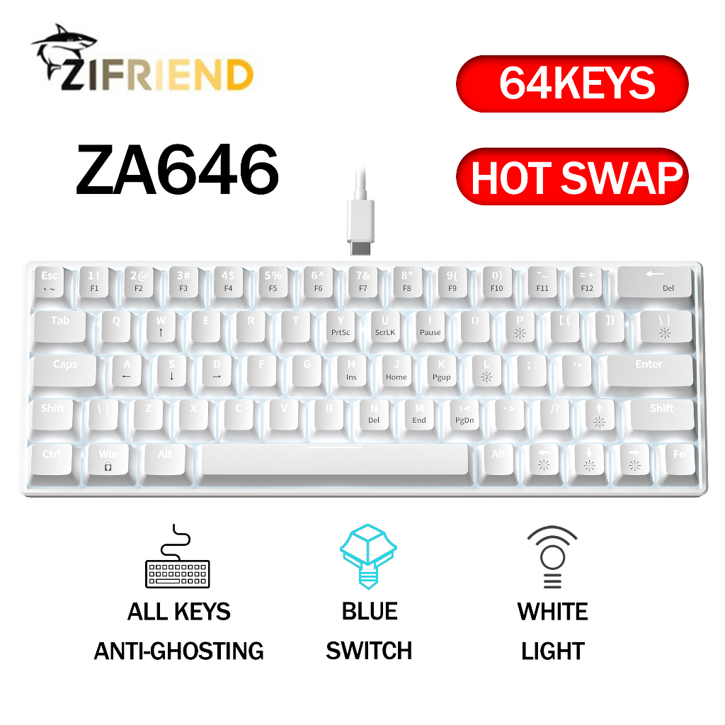 ZIFRIEND ZA6464 Hot Swappable Mechanical Keyboard Wired Type-c Red Blue Switch Gaming Keyboard