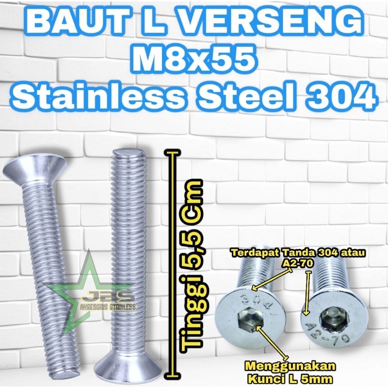 BAUT L VERSENG COUNTERSUNK M8x55 STAINLESS SUS 304